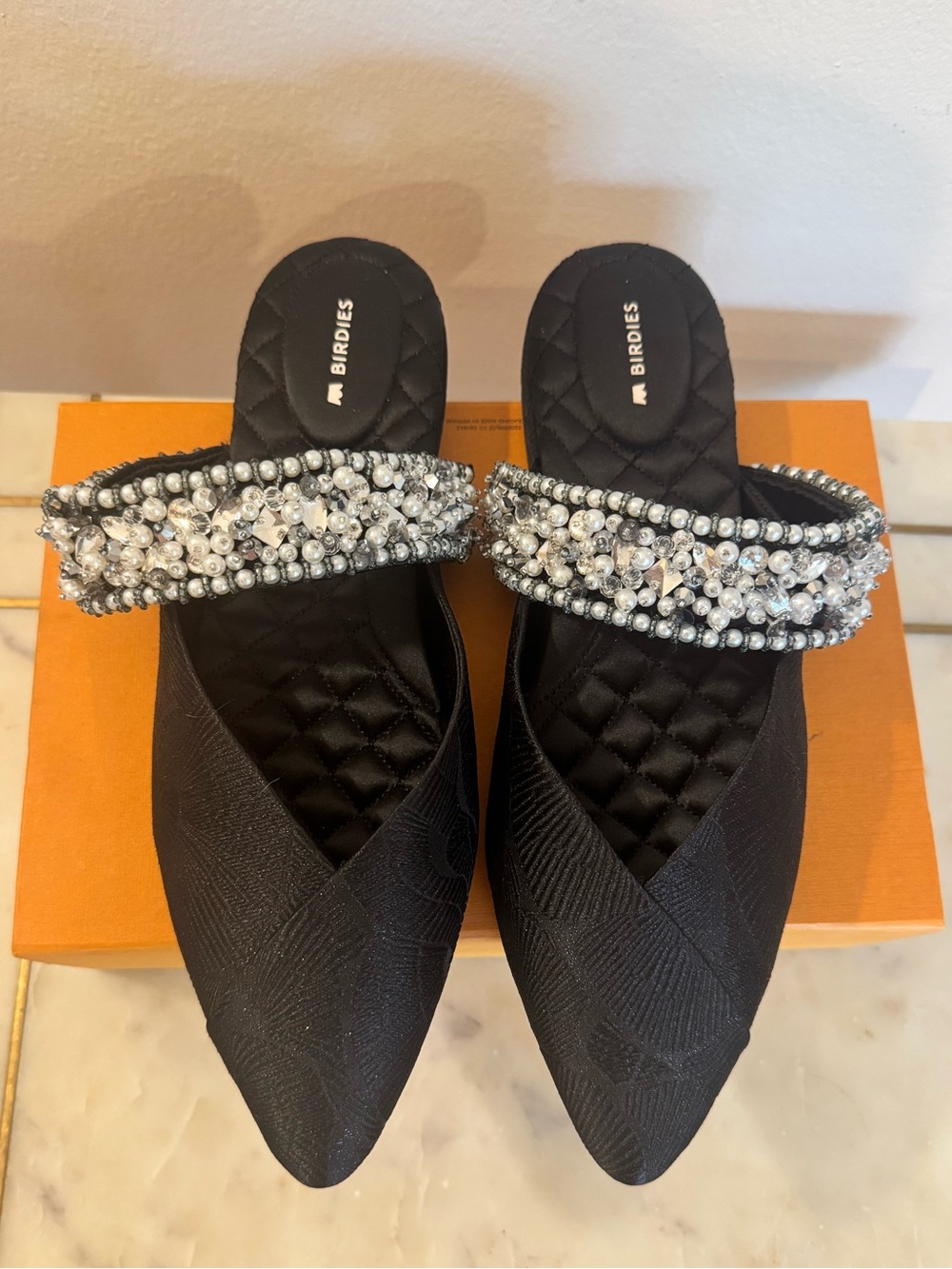Birdies Black Jeweled Strap Pointed Slip-On Mules
